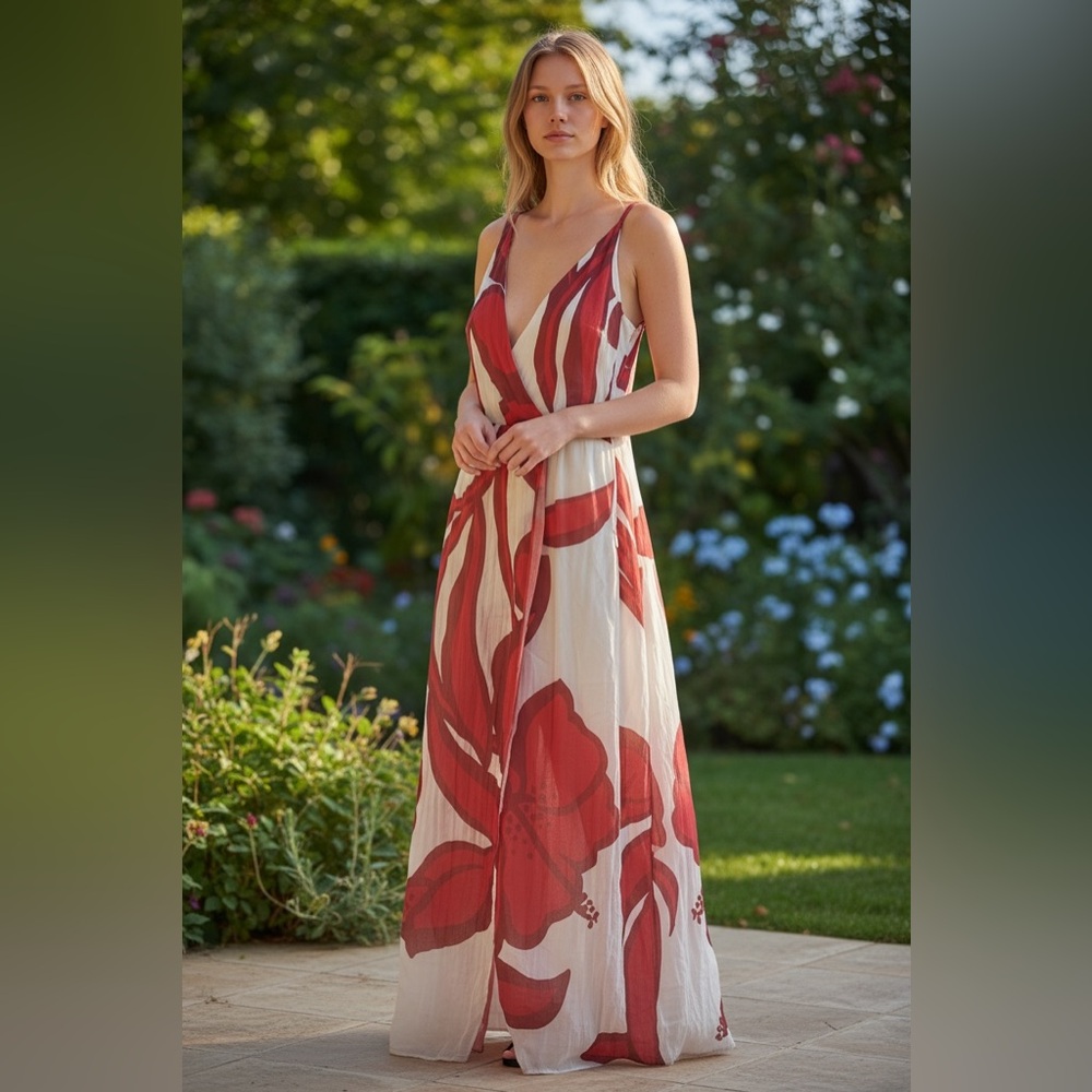 White House Black Market Red and White Asymmetrical Floral Maxi Dress